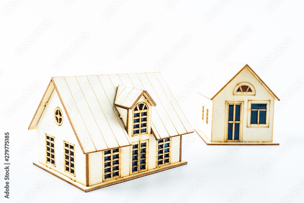 Two small house cabins on white background, real estate concept illustration