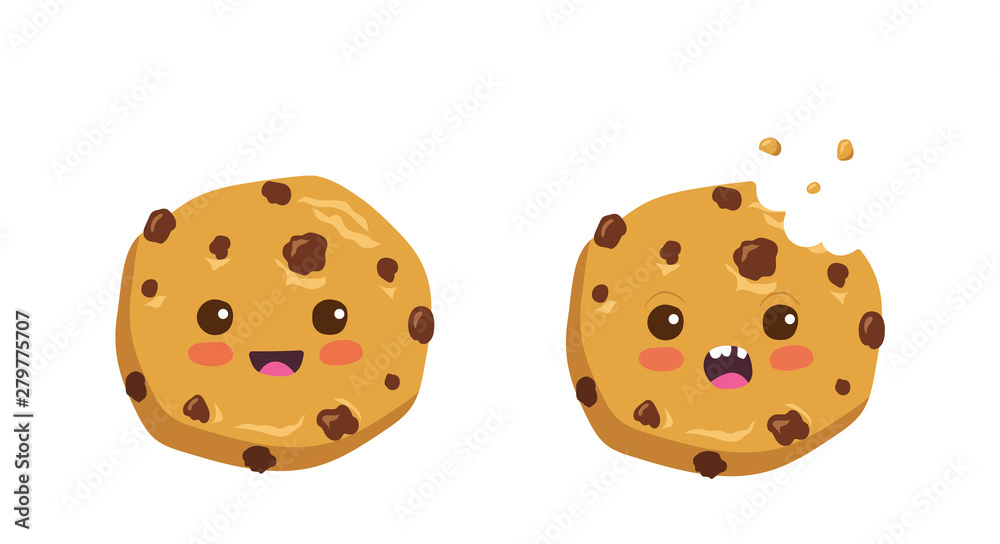 Vetor de Kawaii cartoon chocolate chip cookie character with funny face.  Cute happy cookie mascot vector illustration isolated on white. Kids menu  design concept. Smiling and surprised face food emoji. do Stock |