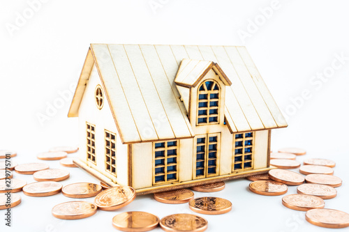 White background covered with coins and a small house