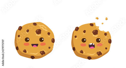 Photo Kawaii cartoon chocolate chip cookie character with funny face