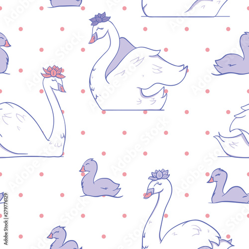 Vector Swan Pond with Pink Dots seamless pattern background.
