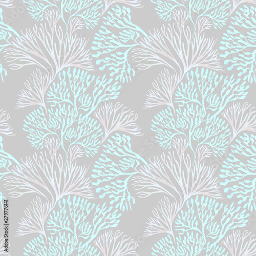 Seamless pattern with marine plants. Corals and algae. Watercolor pattern. Suitable for textile design, paper, wedding decor.