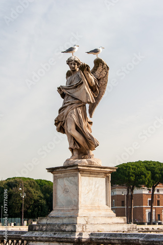 Rom - Zwei Semöwen auf einer Engelsstatue auf der Tiberbrücke zur Engelsburg © penofoto.de