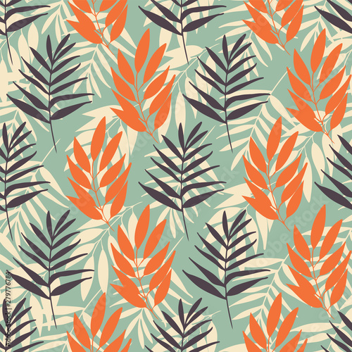 Vector tropical foliage seamless pattern repeat on light blue.