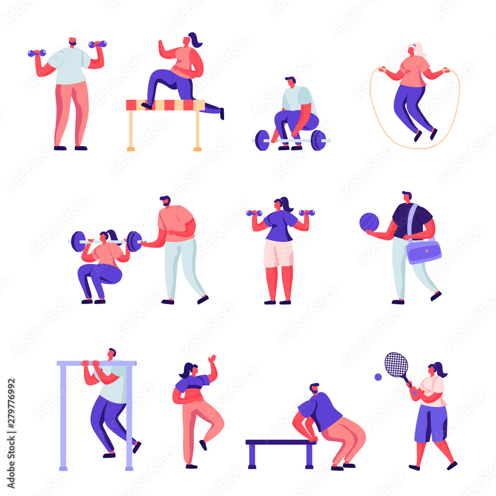 Set of Flat Professional Sport Activities Characters. Cartoon Male and Female Sportsmen, High Jump, Vaulting Horse, Pole Jumping, Core Shot, Gymnastics Exercises. Vector Illustration.