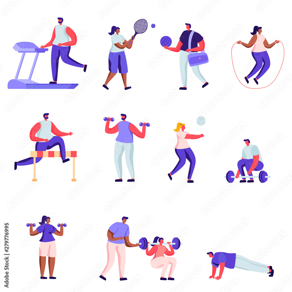 Set of Flat Professional Sport Activities Characters. Cartoon Male and Female Sportsmen, High Jump, Vaulting Horse, Pole Jumping, Core Shot, Gymnastics Exercises. Vector Illustration.