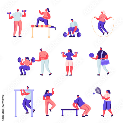 Set of Flat Professional Sport Activities Characters. Cartoon Male and Female Sportsmen  High Jump  Vaulting Horse  Pole Jumping  Core Shot  Gymnastics Exercises. Vector Illustration.