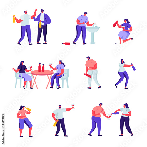Set of Flat Drinkers and People Playing with Water Guns Characters. Cartoon Alcohol Addiction, Drunk Men and Women Lying on Ground, Puking. Vector Illustration.