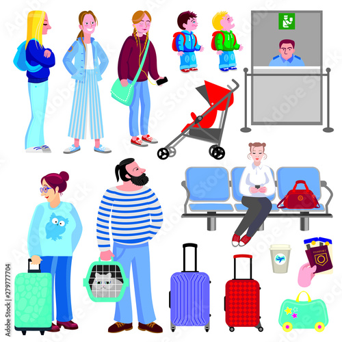 People at the airport, waiting for the plane, a set of characters and items