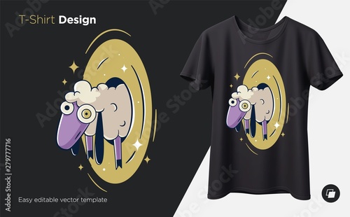 Stylish sheep in a portal. Prints on T-shirts, sweatshirts, cases for mobile phones, souvenirs. Isolated vector illustration on black background.