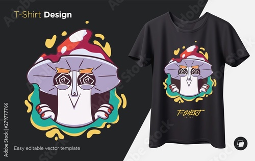 Crazy mushroom. Prints on T-shirts, sweatshirts, cases for mobile phones, souvenirs. Isolated vector illustration on black background.