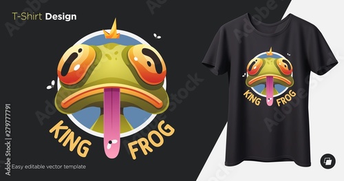 Stylish frog with crown on head. Prints on T-shirts, sweatshirts, cases for mobile phones, souvenirs. Isolated vector illustration on black background.