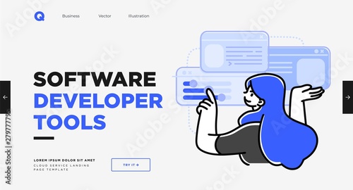 Presentation slide template or landing page website design. Business concept illustrations. Modern flat outline style. Software development tools