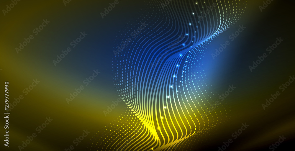 Glowing abstract wave on dark, shiny motion, magic space light. Techno abstract background Glowing abstract wave on dark, shiny motion, magic space light. Techno abstract background