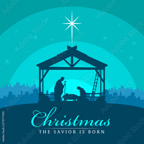 Christmas the savior is born banner sign with Nightly christmas scenery mary and joseph in a manger with baby Jesus vector design