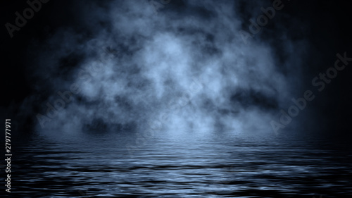 Smoke with reflection in water. Mistery blue fog texture overlays background. Design element.