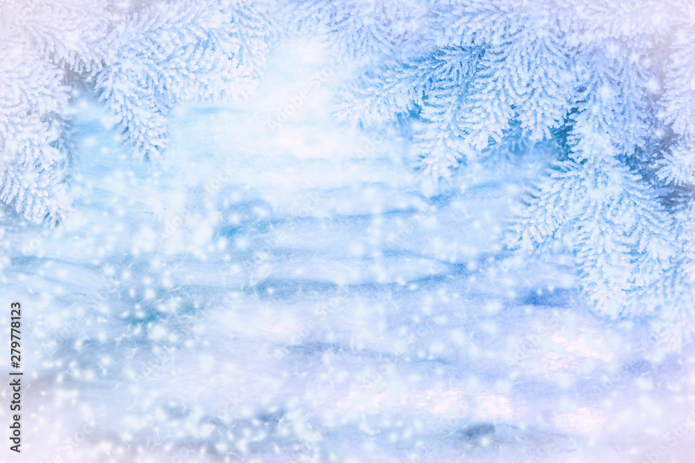 Winter scenic background. Christmas snow landscape with snowdrifts and spruce branches covered with snow in the frost. Falling snow on nature outdoors close-up