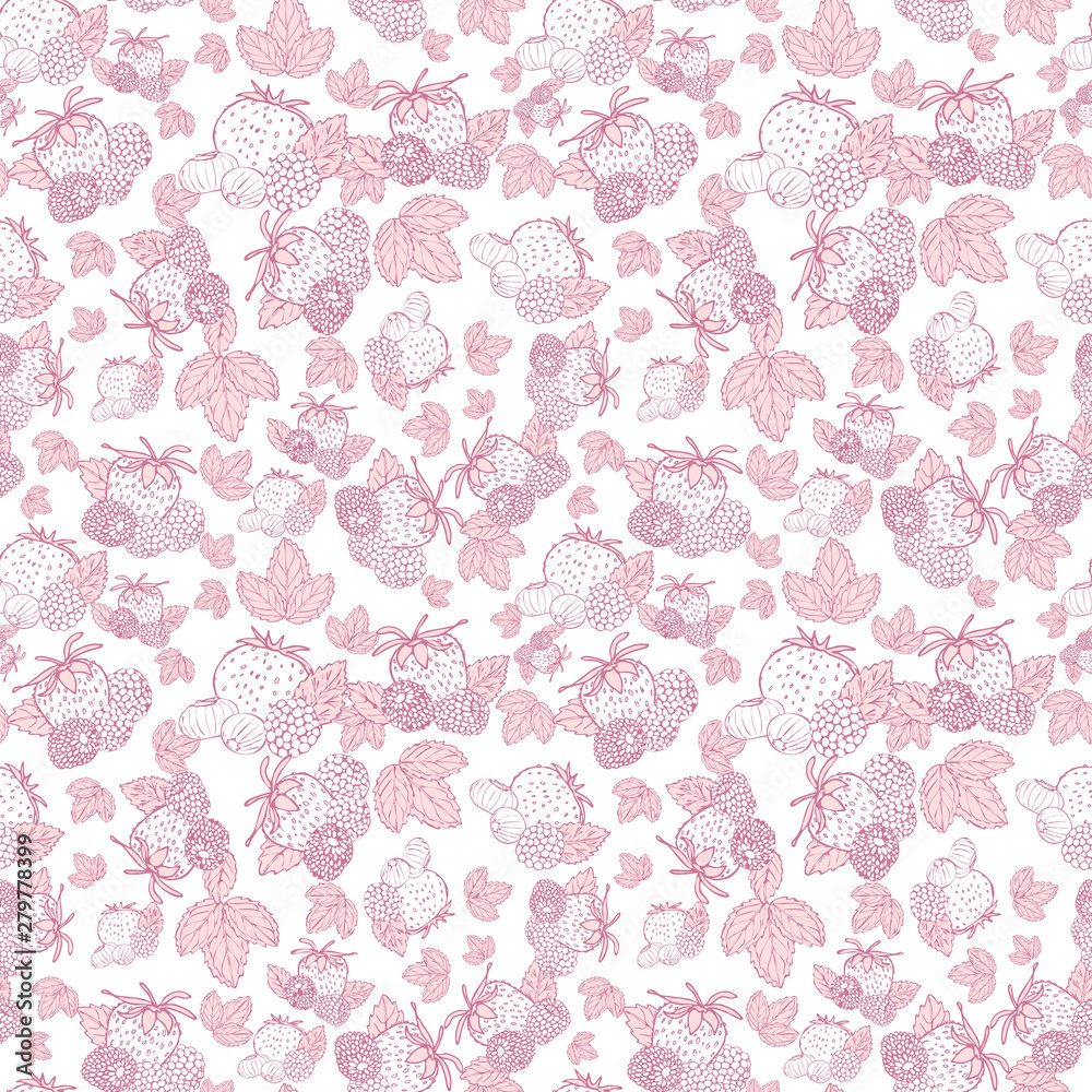 Pink berries and leaves seamless pattern background design - Vector texture.