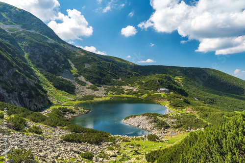 Panoramic view on mountain lake in front of mountain range