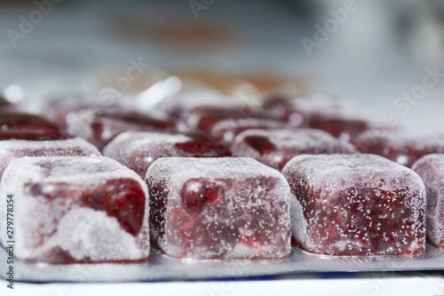 Frozen bloodworm close up. Food for aquarium fish. Freeze bloodworms fish food for aquarium.