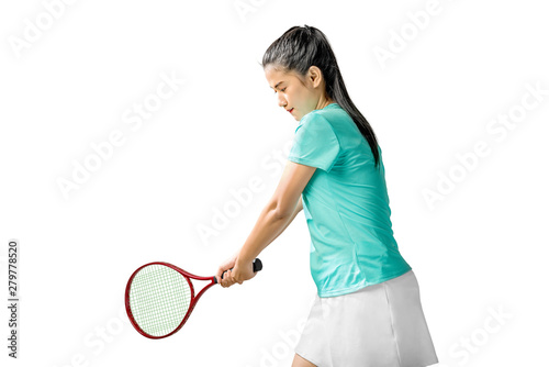 Asian woman with a tennis racket in her hands
