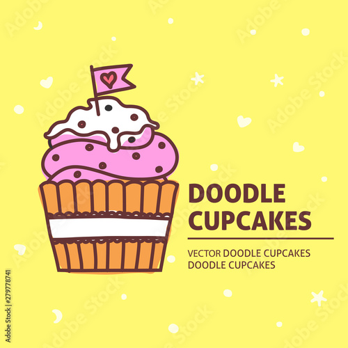 A vector template with doodle cupcakes. Freehand outline food vector desing for a flyer or a poster.