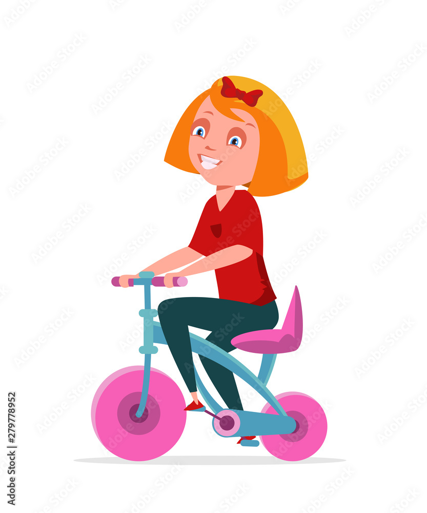 Girl riding pink bicycle flat vector illustration Girl riding pink bicycle flat vector illustration