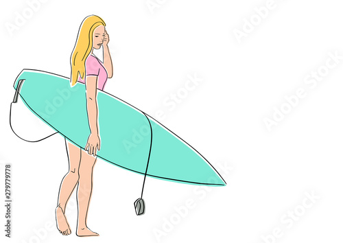 Young slim woman with bodyboard. Bodyboarding concept colorful cartoon. Hand drawn silhouette. Vector flat illustration. Isolated black contour and colors. © NS