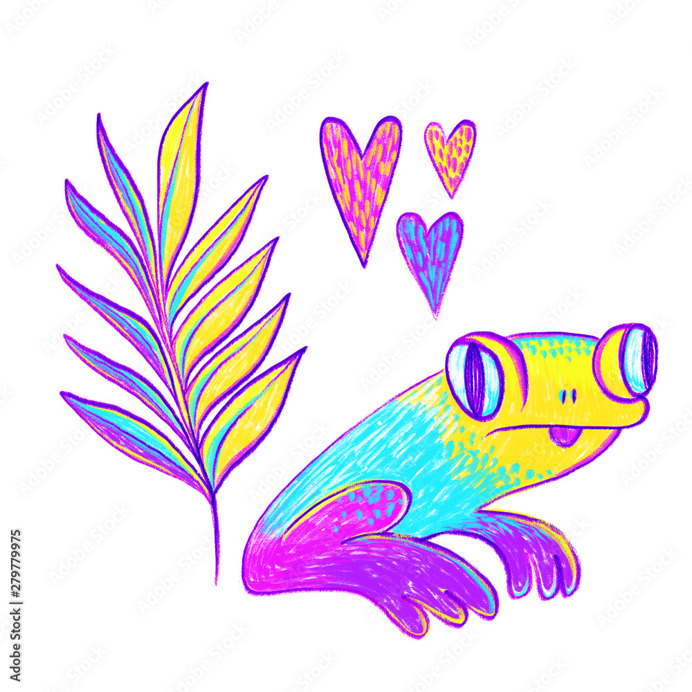 Set of illustrations on the boy wonder theme:frog, hearts, palm branch