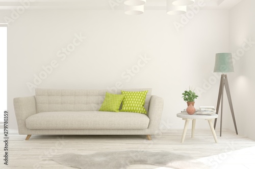 Stylish room in white color with sofa. Scandinavian interior design. 3D illustration