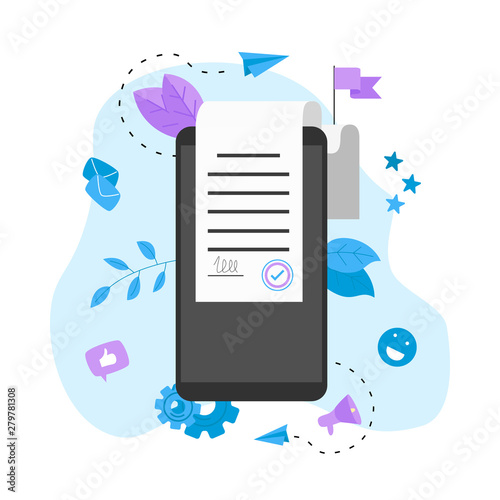 Online electronic smart contract document, paper document, signature on device screen. Vector illustration. Business concept	