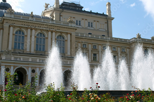Park with fountain near opera theatre in Odessa, Ukraine