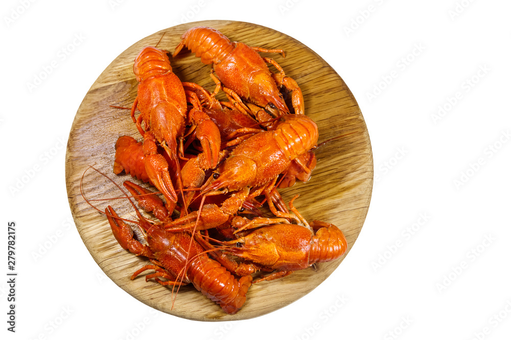 Boiled crayfish on wooden cutting board isolated on white background