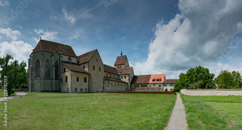 panorama view of the historic Benedictine monastery on Reichenau island on Lake Constance