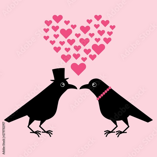 Two funny crows, a gentleman seduces a lady, cartoon Valentine. Cute raven illustration