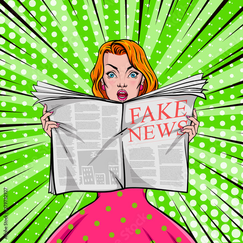 Pretty woman reading tabloid newspaper with anxious and scared face expression, fake news, panic, shocking stories, scaremongering. Vector illustration in pop art style.