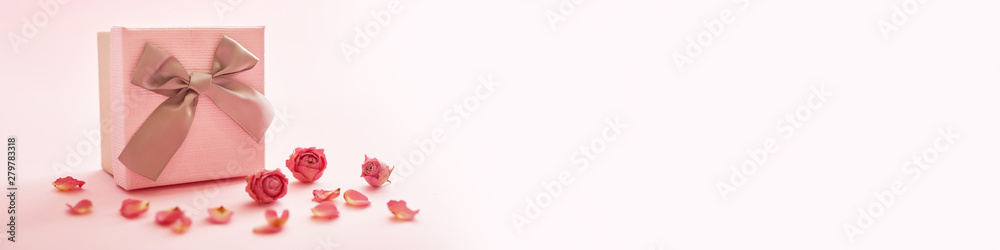 Valentine day composition, gift boxes with flowers, banner. Template greeting card for Valentine's Day. Space for text. Postcard for mother's day and women's day, Birthday. 
