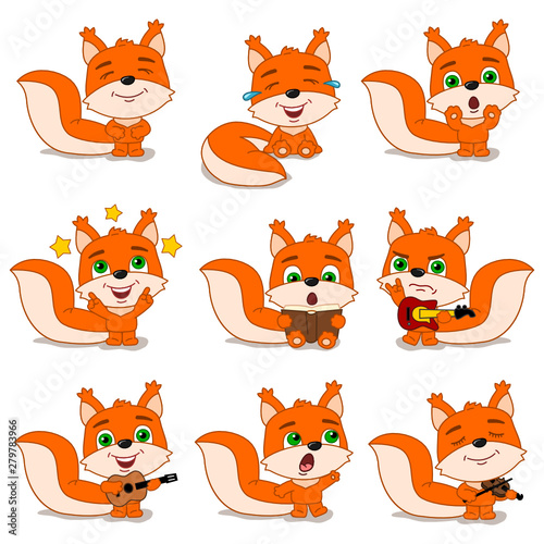 Set of funny squirrel in different poses and with musical instruments in cartoon style isolated on white background