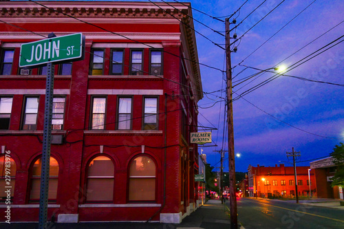 Torrington  Connecticut The intersection of Johan and Water Streets at night.
