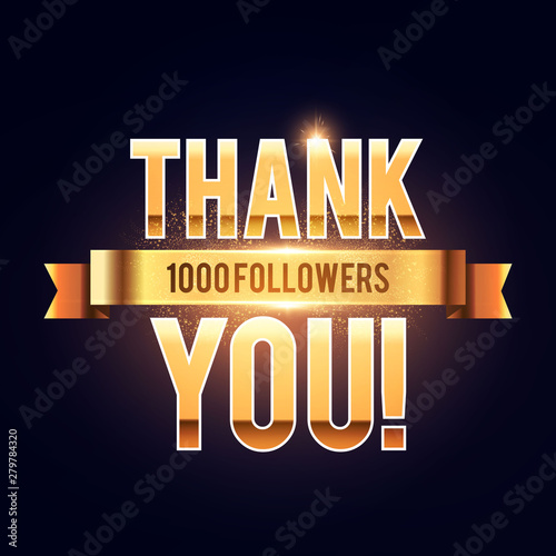 1000 followers gold sign. Thank you banner. Shining design with light bulbs.