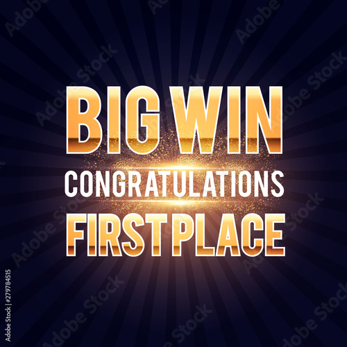Big win gold sign with light bulbs and shining effects.