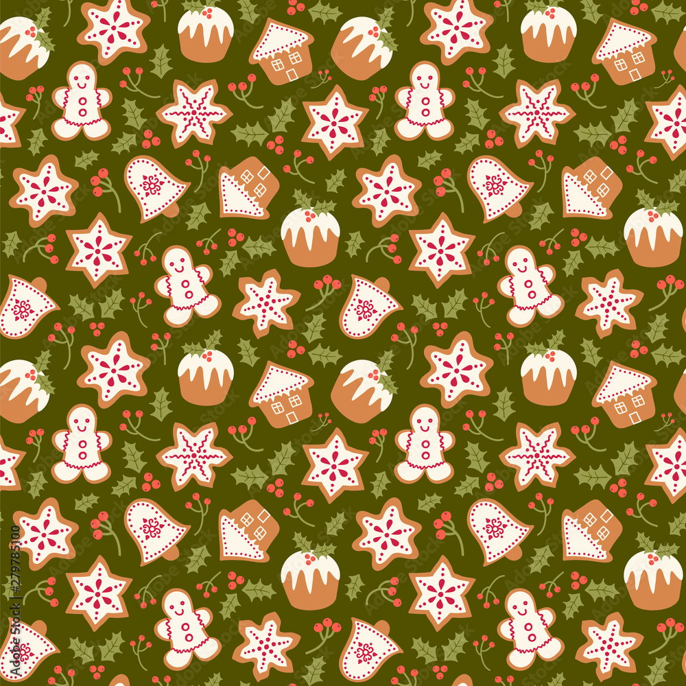 Seamless vector pattern with gingerbread and Christmas puddings. Seamless vector pattern with gingerbread and Christmas puddings.
