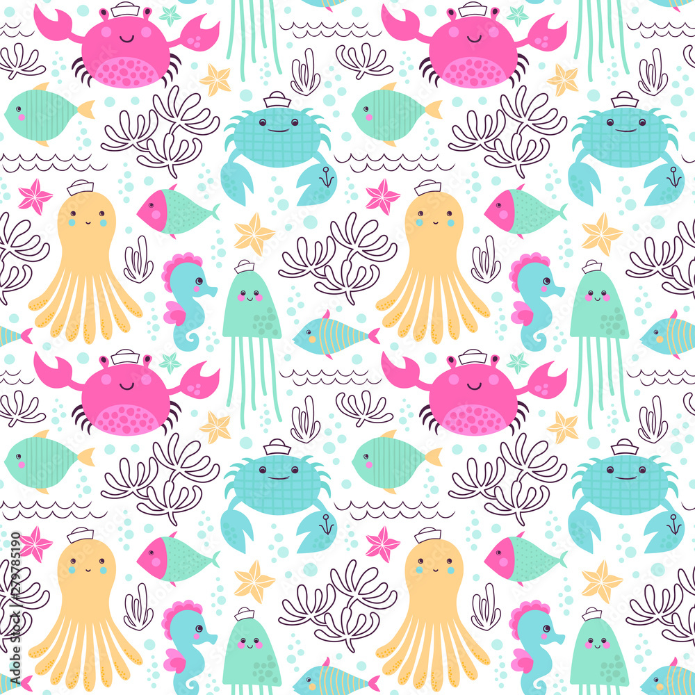 Seamless vector pattern with crabs, octopuses, seahorses, fishes, sea stars and jellyfishes.
