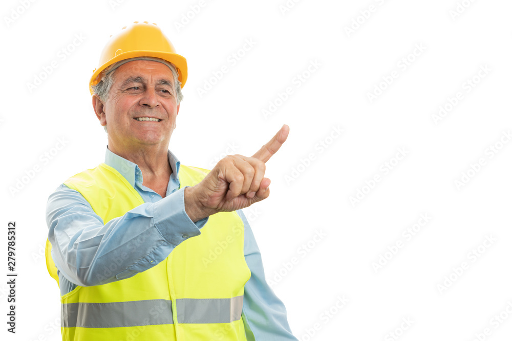Male builder touching display