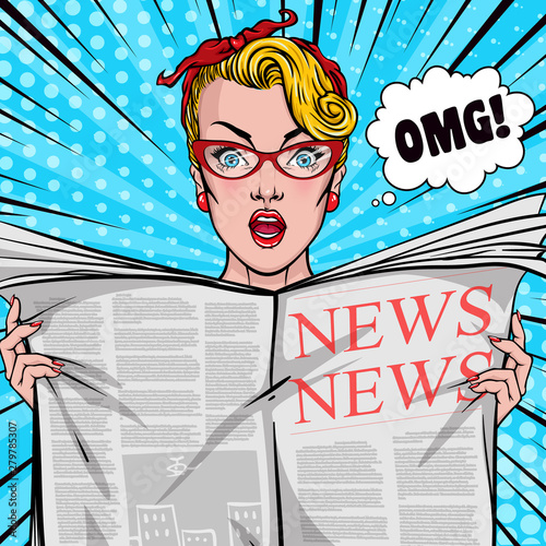 Pretty woman reading tabloid newspaper with anxious and scared face expression, fake news, panic, shocking stories, scaremongering. Vector illustration in pop art style.