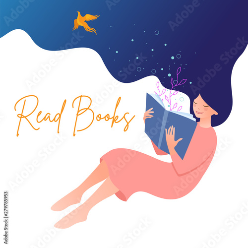 Flat art banner. Vector illustration of girl reading a book and dreaming up. Concept illustration of learning, distance studying and self education.