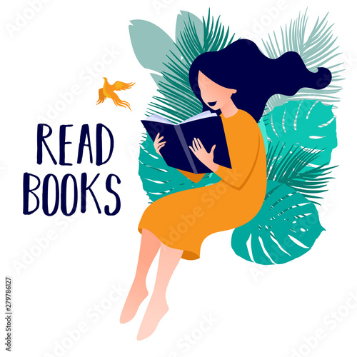 Read books. Vector illustration of girl reading a book in flat art style with tropical palm leaves on background. Concept illustration of learning, distance studying and self education.