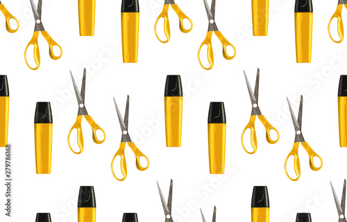 Bright back to school seamless pattern with highlighters and pairs of scissors.