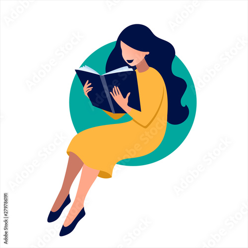 Vector illustration of girl reading a book in flat art style with circle background. Concept illustration of learning, distance studying and self education.