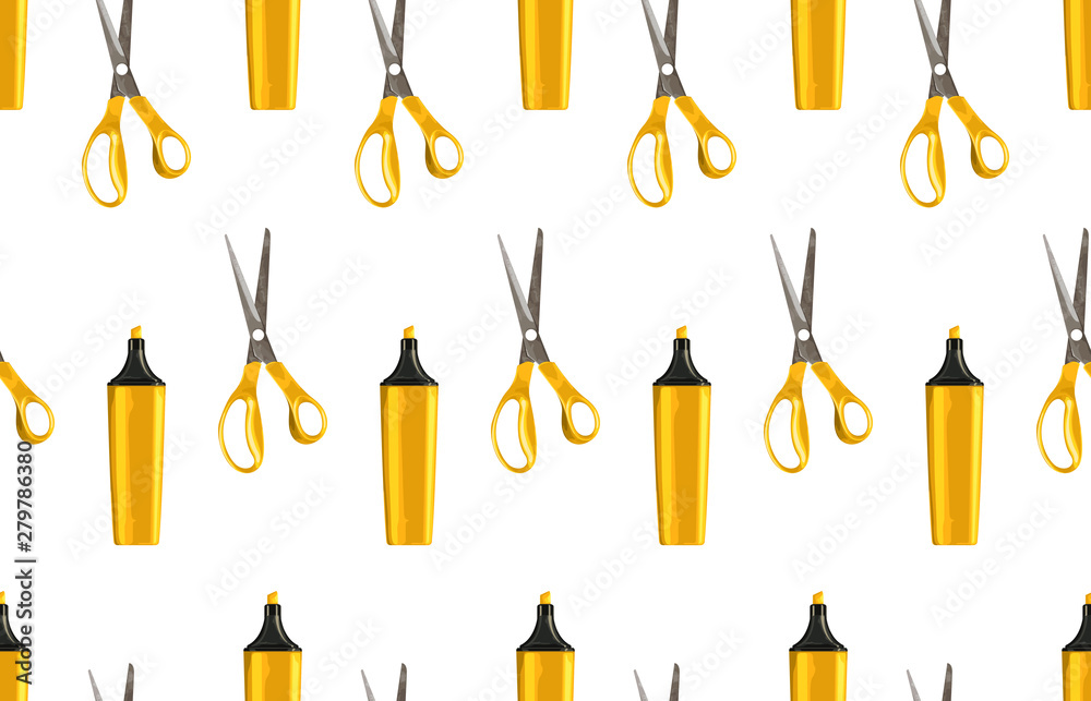Bright back to school seamless pattern with highlighters and pairs of scissors. Bright back to school seamless pattern with highlighters and pairs of scissors.